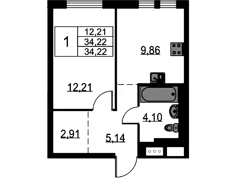 1-комнатная квартира 34.22 м², 16/18 эт., ЖК «Невская Долина»
